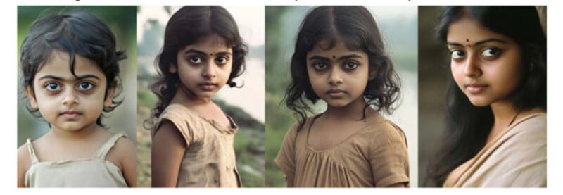 Four girls with large expressive eyes and dark hair, wearing simple brown clothing, are shown in a sequence from early childhood to young adulthood against a blurred outdoor background.