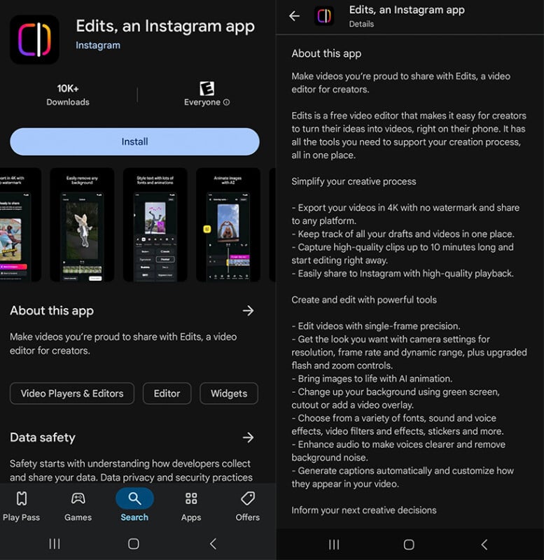 A dark-themed app store page for "Edits, an Instagram app" is shown, displaying the install button, app screenshots, description, features list, and data safety info for a video editing application.