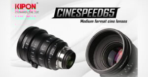 Image showcasing two CINESPEED65 medium format cine lenses by Kipon. The lenses are displayed against a white patterned background, with "KIPON" and the tagline "Towards the Top" visible in the top-left corner.
