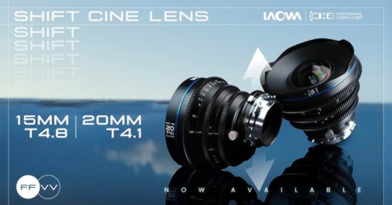 Promotional image for Laowa Shift Cine Lenses showcasing two lenses, a 15mm T4.8 and a 20mm T4.1, placed on a reflective surface with blurred text and icons in the background.