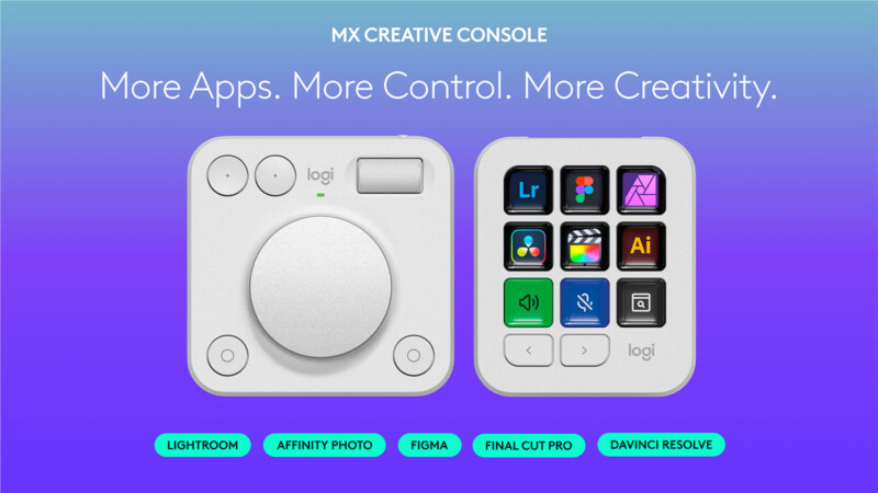 Two white Logitech MX Creative Console devices; one with a large dial and buttons, the other with multiple colorful app shortcut buttons, on a purple-blue gradient background with text promoting creativity and control.