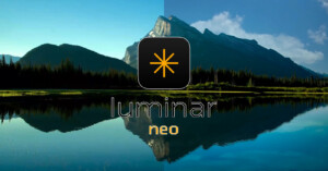 A scenic image of a mountain and forest reflected in a calm lake is divided vertically in half. The left side appears darker and has lower contrast, while the right side is brighter with higher contrast. An icon and logo reading "Luminar Neo" are positioned in the center.
