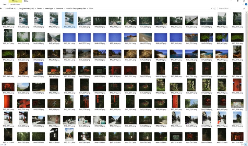 A computer screen displays a folder containing numerous image thumbnails. The images depict various landscapes, buildings, and outdoor scenes. Each file is labeled with a name that includes "DSC" and a number.