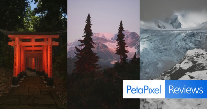 A triptych of images featuring a pathway with red torii gates, a mountain landscape at dusk with trees, and a snowy glacier. The "PetaPixel Reviews" logo is at the bottom right with blue and white text.