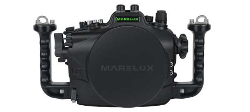 A black underwater camera housing with dual handles, featuring the brand name "Marelux" on top. The design includes multiple buttons and dials for camera control, and an overall robust, sealed appearance for underwater use.