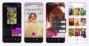 Four smartphone screens display a video editing app: editing a dance video, changing a background with music notes, adjusting a video’s resolution, and viewing a project gallery with various media thumbnails.