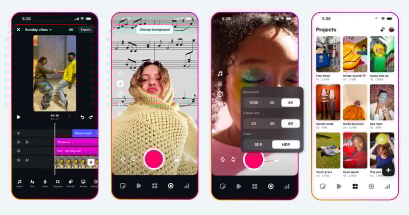 Four smartphone screens display a video editing app: editing a dance video, changing a background with music notes, adjusting a video’s resolution, and viewing a project gallery with various media thumbnails.