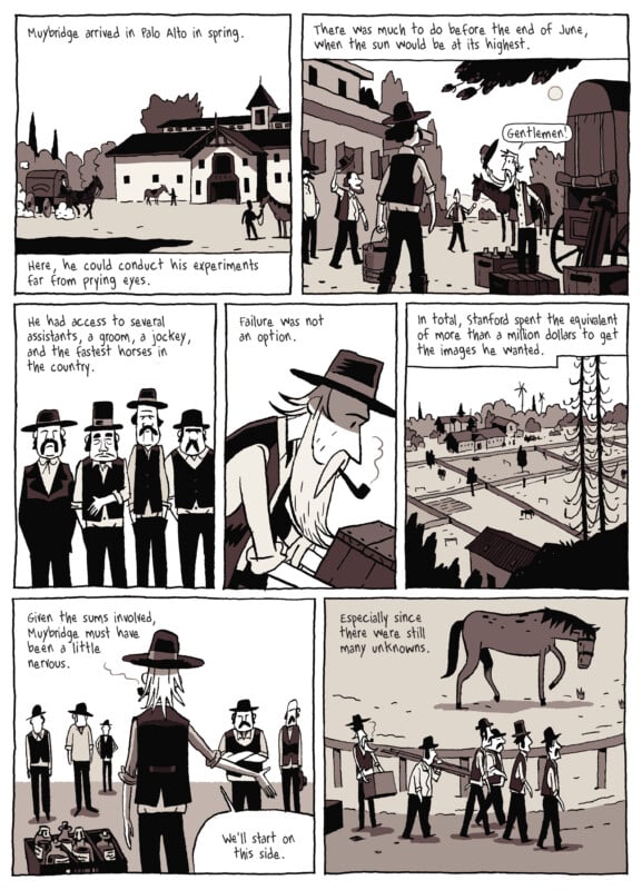 A comic depicts Eadweard Muybridge arriving at Stanford in spring, planning his experiments with horses and helpers. He discusses funding and faces pressure to succeed, emphasizing the challenge and secrecy of the task.