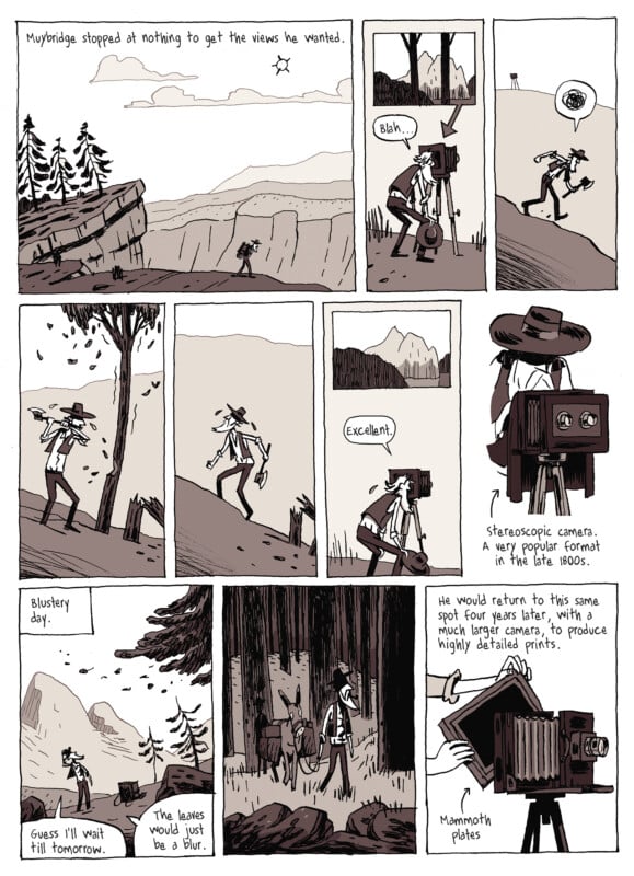 A sepia-toned comic strip shows photographer Muybridge hauling equipment outdoors, setting up a stereoscopic camera, and later a large camera on a blustery day. He decides to wait for better conditions to capture detailed landscape photos.