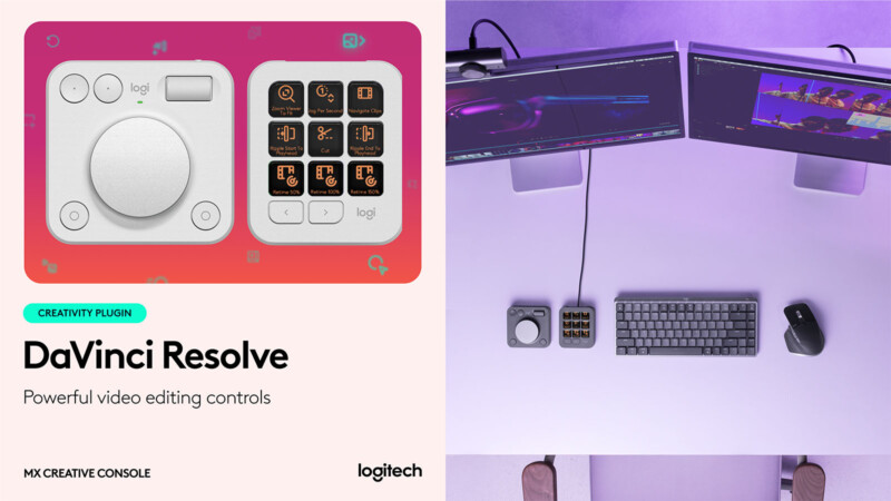 Split image: Left side shows “DaVinci Resolve” editing controls by Logitech, featuring a dial and button console on a colorful background. Right side shows the console setup on a desk with dual monitors, keyboard, and mouse.