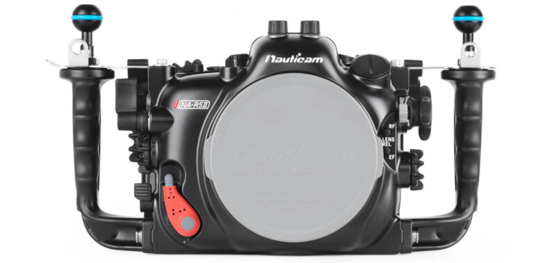 A black underwater camera housing with dual handles and a dome port cover. The housing has red and blue accents and is labeled as "Nauticam NA-R50." Two round knobs with blue tops are on each side of the housing.