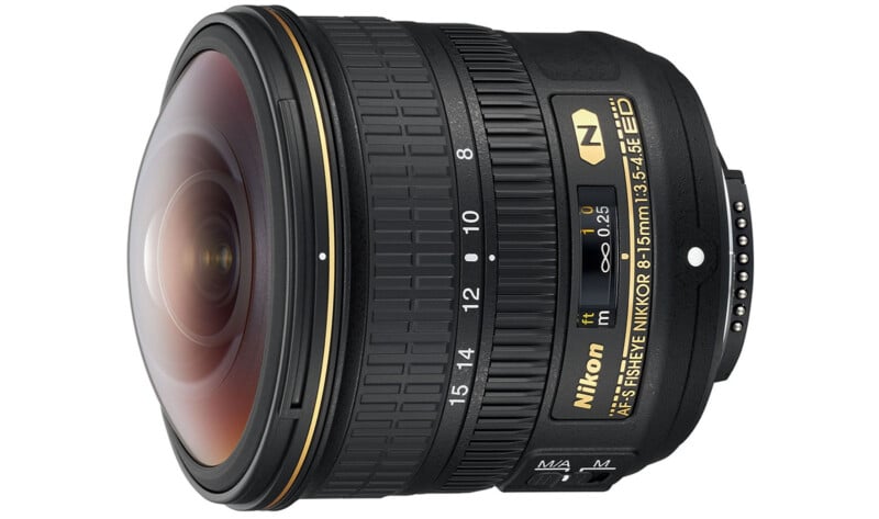 A Nikon AF-S Fisheye NIKKOR 8-15mm f/3.5-4.5E ED camera lens with a gold ring, black body, and visible focus and zoom markings.