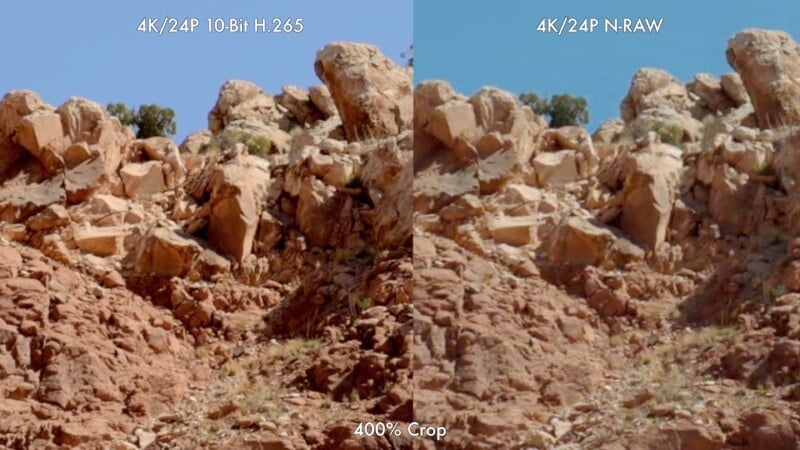 Comparison of two rocky landscapes: left is labeled "4K/24P 10-Bit H.265" and right is "4K/24P N-RAW." The image is a 400% crop, showcasing differences in sharpness and detail between the two formats.