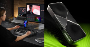 A person working on video editing software with a control panel and multiple screens on a desk. On the right, a close-up of a geometric graphics card on a green and black wavy background.