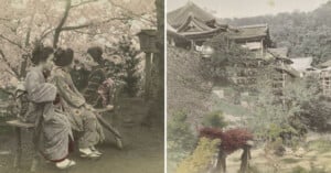 Two vintage photos: on the left, three women in kimonos sit on a bench under blossoming trees; on the right, a traditional Japanese temple stands among trees on a hillside.