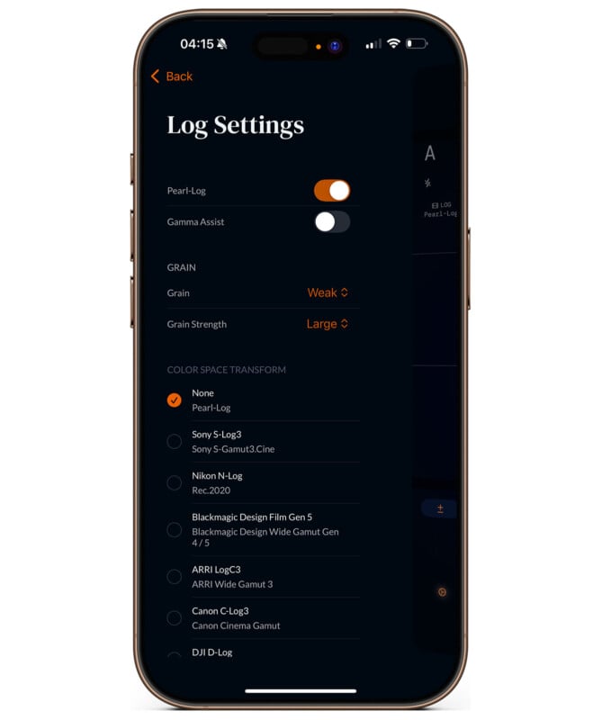 A smartphone displays a "Log Settings" screen with options for Pearl-Log, Gamma Assist, Grain (set to Weak), Grain Strength (set to Large), and various color space transform choices such as Sony S-Log3 and ARRI LogC3.