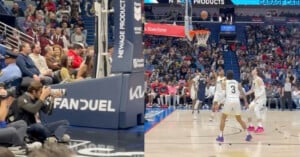 A split image shows, on the left, a photographer crouching courtside at a basketball game, and on the right, players in action near the hoop as the ball approaches the basket. Spectators fill the background.