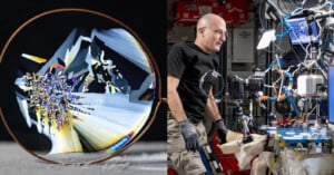 A split image: on the left, a close-up of a colorful crystal formation viewed through a magnifying lens; on the right, a person works with scientific equipment in a laboratory filled with tools and devices.