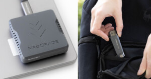 The image shows a ProGrade card reader on a laptop and a hand placing a smaller ProGrade device into a backpack pocket. The card reader has a cable attached, and the devices are dark grey with the brand name visible.