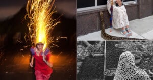 A collage of four photos: a boy with sparks shooting from his head, a woman with a python around her legs, hands arranging cherries, and a person in a spotted covering at a fruit market.
