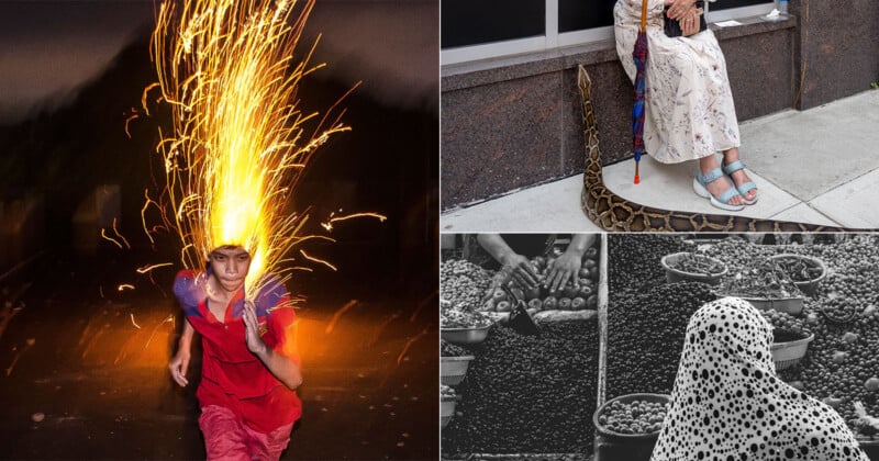 A collage of four photos: a boy with sparks shooting from his head, a woman with a python around her legs, hands arranging cherries, and a person in a spotted covering at a fruit market.