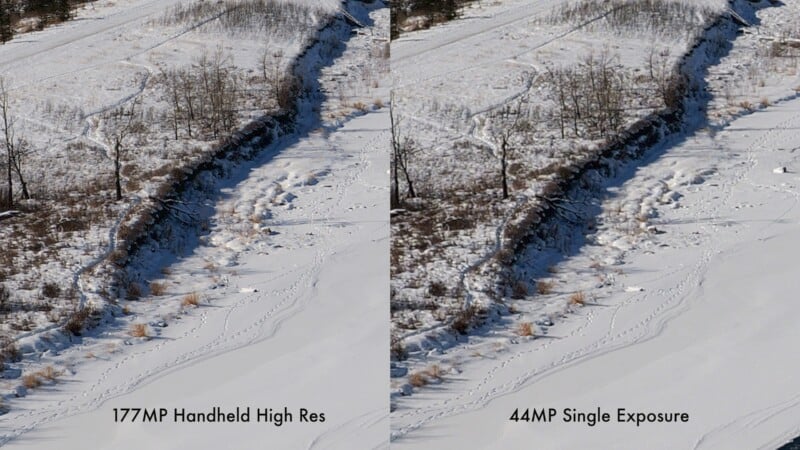 Side-by-side comparison of two snowy landscape images. Left: "177MP Handheld High Res," showing clearer details. Right: "44MP Single Exposure," with slightly less detail. Both images feature snow-covered ground and trees.