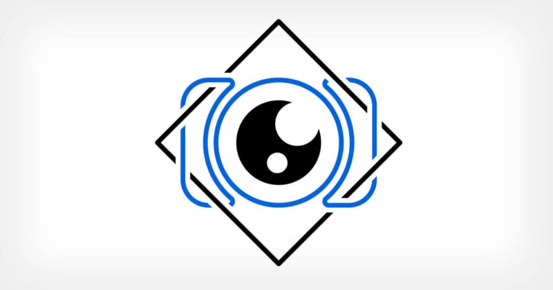 A stylized black eye graphic is centered within a blue outlined circle, with two overlapping black diamonds in the background. The design is minimalist and geometric on a light background.