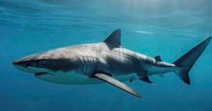 A large shark swims underwater in clear blue ocean, its body streamlined and gray with a white underside, sharp fins, and visible gills. Sunlight filters through the water above.