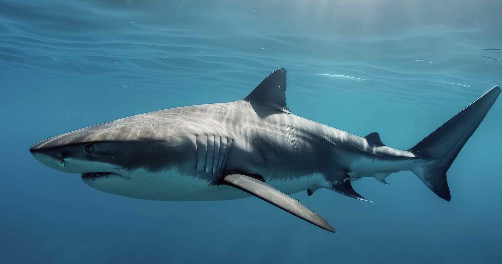 A large shark swims underwater in clear blue ocean, its body streamlined and gray with a white underside, sharp fins, and visible gills. Sunlight filters through the water above.