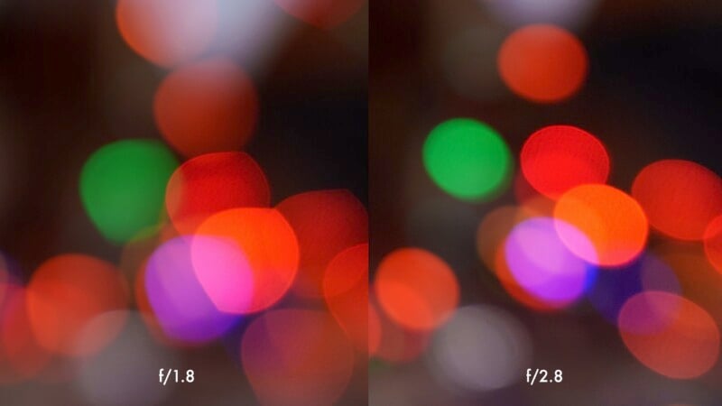 A side-by-side comparison of bokeh effects from two aperture settings: left image with f/1.8, right image with f/2.8. Both images feature blurred colorful lights, including red, green, and purple circles.