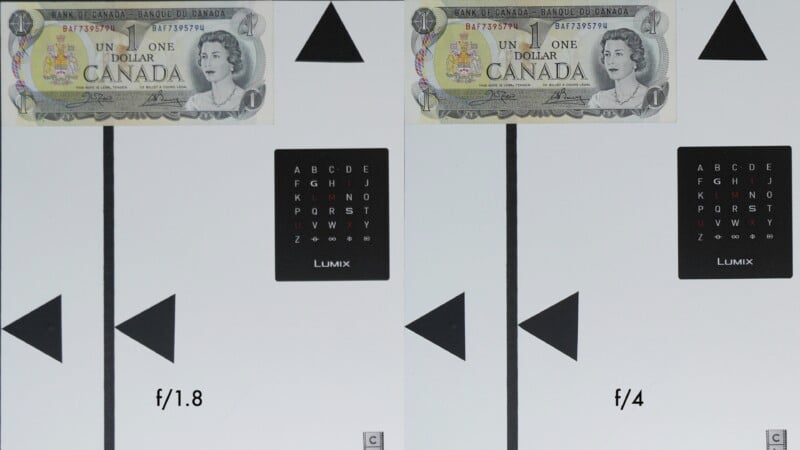 A test image shows a comparison between f/1.8 and f/4 aperture settings. A Canadian one-dollar bill is at the top. Below, a focus chart and black geometric shapes. The left side is labeled f/1.8, and the right side is labeled f/4.