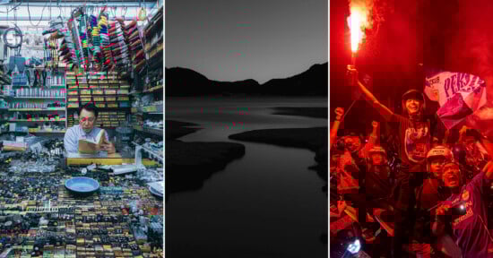 1. Left: A man reads amid a cluttered store filled with tools and colorful items. 2. Center: A serene, black-and-white landscape of a river winding through hills. 3. Right: A jubilant crowd celebrates with a red flare and flags at night.