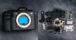 On the left, a Sony Alpha camera body is shown. On the right, the same camera is fully disassembled, with its internal components laid out neatly on a dark surface.