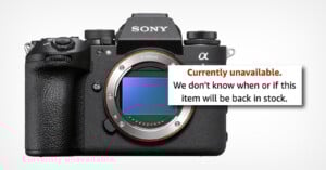 A Sony digital camera with an exposed sensor is shown. A notice says, "Currently unavailable. We don't know when or if this item will be back in stock.