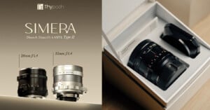 A promotional image for Thypoch Simera 28mm and 35mm f/1.4 ASPH Type II lenses shows the two lenses side by side on the left and one lens with its hood inside an open box on the right.
