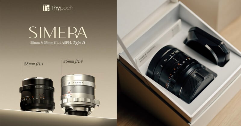 A promotional image for Thypoch Simera 28mm and 35mm f/1.4 ASPH Type II lenses shows the two lenses side by side on the left and one lens with its hood inside an open box on the right.