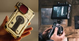 Split image: Left shows a hand holding a gold smartphone case with a camera lens attachment and branded "MGMADE". Right shows a person holding a camera rig with a large screen displaying a black-and-white image.