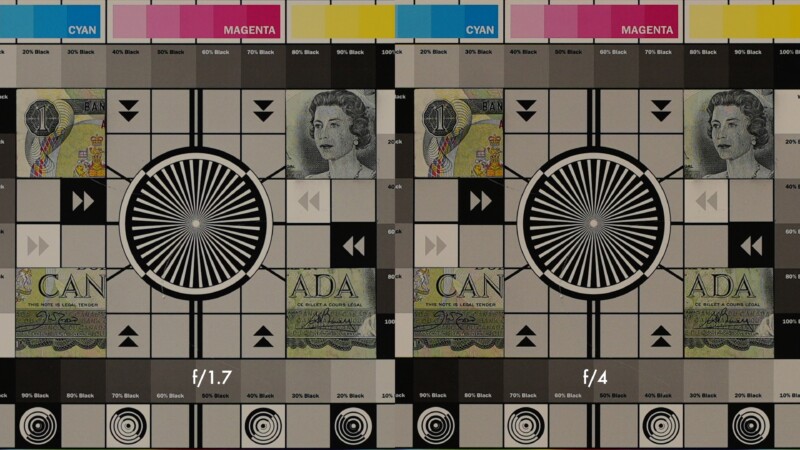 A side-by-side comparison of two images featuring a resolution test chart with currency image details. The left image is labeled f/1.7 and the right f/4, showing how aperture affects depth of field and sharpness.