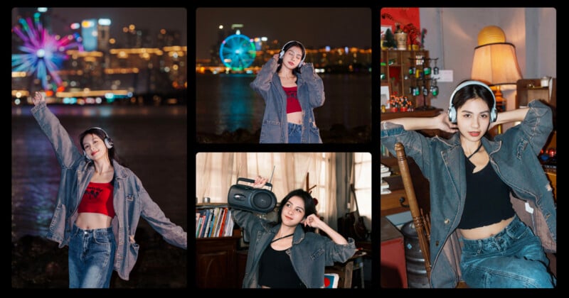 A young woman wearing headphones poses in various locations: by the waterfront with city lights and ferris wheels in the background, and indoors with a boombox, bookshelves, and a lit lamp behind her.