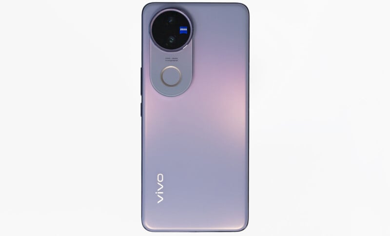 A smartphone with a gradient purple back case, featuring a circular camera module and a logo that says "vivo" at the bottom. The phone is showcased on a plain white background.