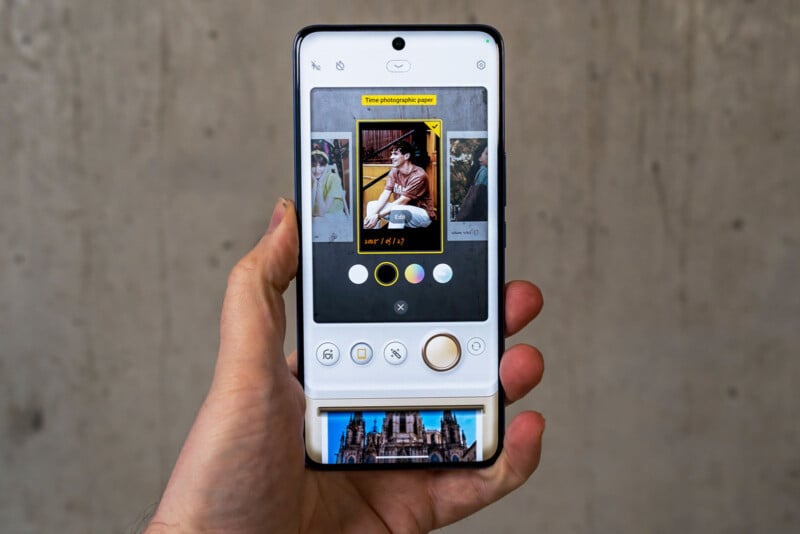A hand holds a smartphone with an open photo editing app displaying a portrait. The app shows color filter options and has a neutral background. A thumbnail of a cathedral is visible at the bottom of the screen.