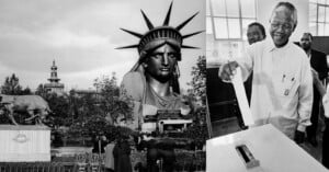 A split image: on the left, the Statue of Liberty’s head in a park with people and animal statues; on the right, a smiling man places a ballot in a box while others watch in a voting station.