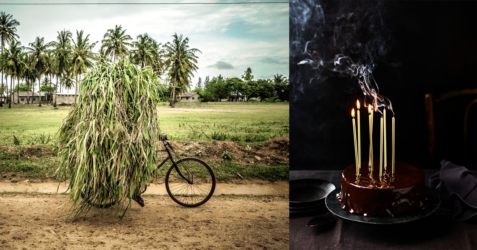 On the left, a person is nearly hidden by a huge load of grass they are carrying while pushing a bicycle; on the right, a chocolate cake with five tall, lit candles emits smoke in a dark setting.