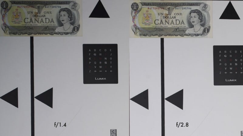 Comparison image showing a Canadian one-dollar bill under different aperture settings. The left side is labeled f/1.4, and the right f/2.8. Both sides have black and white geometric shapes and a small Lumix focus calibration chart.