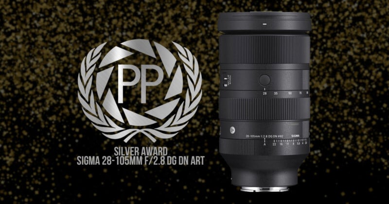 Image of a Sigma 28-105mm f/2.8 DG DN Art lens on a dark speckled background. Beside it, a silver award crest and text, "PP Silver Award," celebrate the lens's recognition.