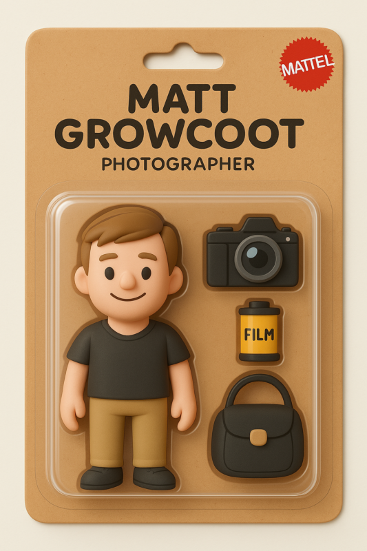 Toy packaging features a cartoon-style toy figure representing a photographer. Includes accessories: a camera, a film roll, and a black bag. The backing card reads "Matt Growcoot Photographer" with a "Mattel" logo.